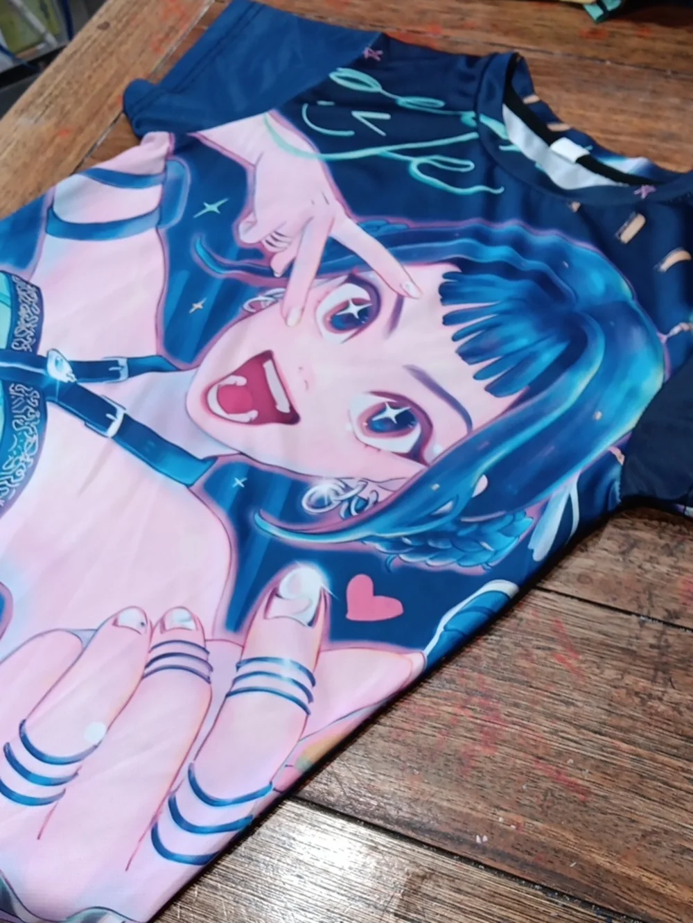 Anime Graphic Tee in Teal and Pink Demon Hunters Zoe